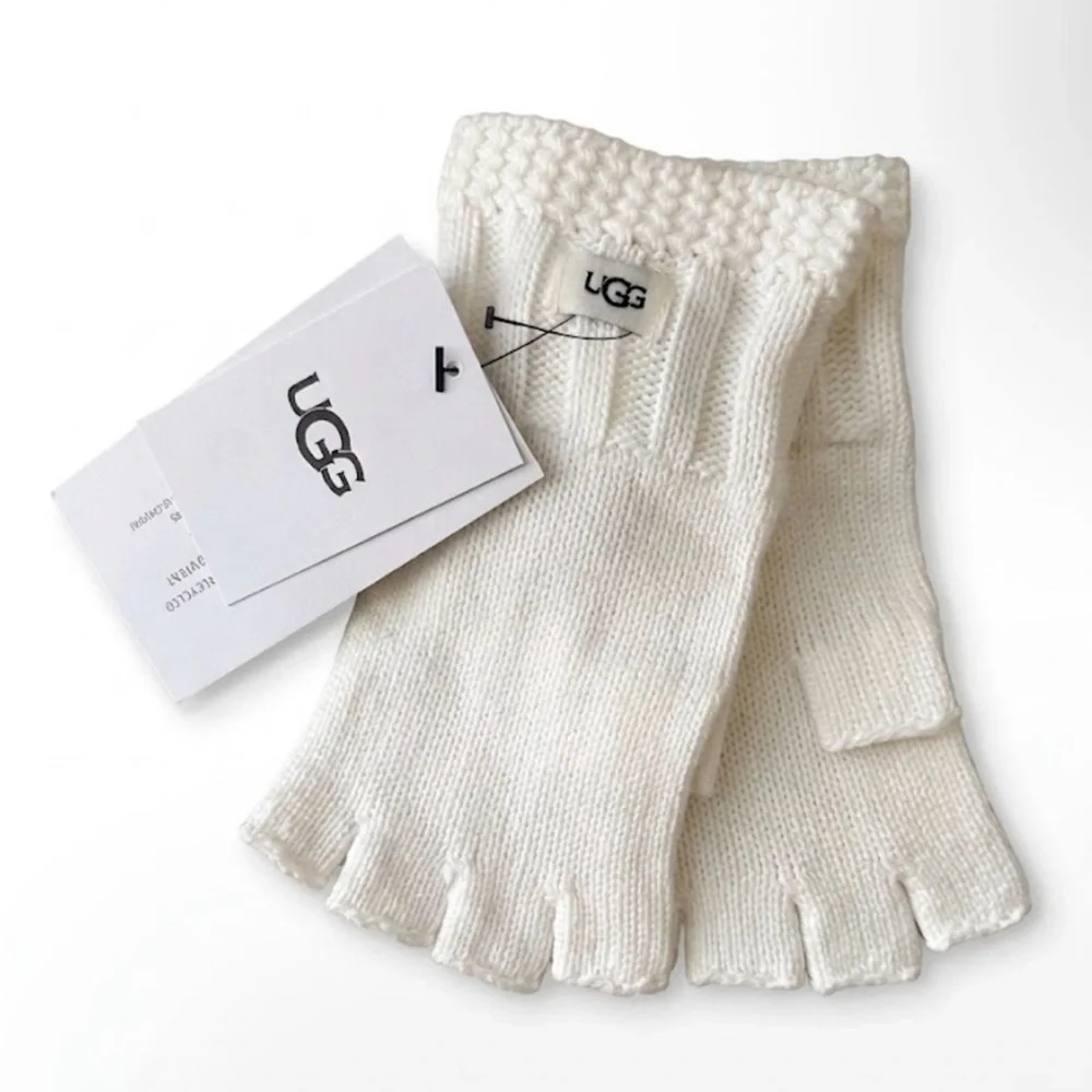 UGG Women's Fingerless Knit Gloves Ivory Ribbed Cozy | One Size